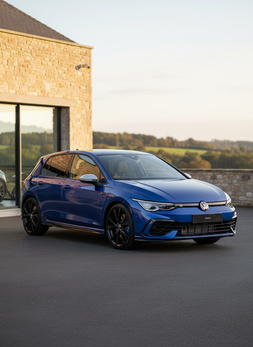 A pristine Volkswagen Golf 8R Edition 20 Years in deep metallic Lapiz Blue, paintwork perfectly polished and reflecting the soft Norman sky, parked on a smooth dark asphalt driveway in front of a contemporary stone-and-glass building suggesting a high-end rental agency. The car is positioned three-quarters to camera, emphasizing its aggressive front bumper, glossy black 19-inch alloy wheels and blue R-brake calipers. Golden hour sunlight glides across the bodywork, creating sharp highlights on the sculpted lines and subtle shadows beneath the side skirts. The mood is sophisticated and aspirational. Photographic realism with an eye-level composition, shallow depth of field and a gently blurred background that hints at the Normandy landscape without distraction.