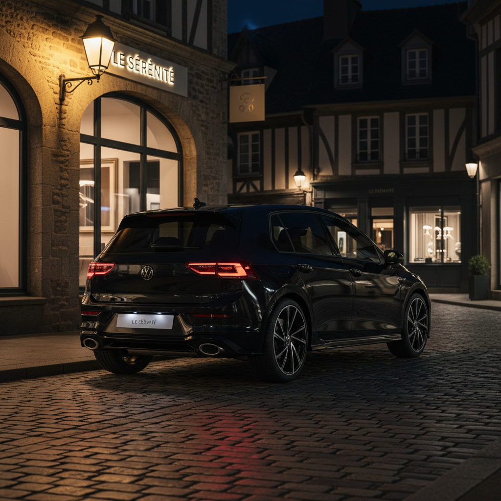 A refined nighttime scene of a Volkswagen Golf 8R Edition 20 Years parked outside a high-end boutique hotel in a Norman town center. The car, in deep metallic black, sits beneath a warm pool of light from an elegant exterior wall sconce, its LED headlights off but thin daytime running lights glowing crisply. Polished cobblestones reflect the car’s silhouette and nearby architectural lighting. Discreet hotel signage and large windows with softly lit interiors appear in the background, slightly out of focus to keep attention on the vehicle. The mood is exclusive and sophisticated, evoking late-evening arrival for a weekend stay. Photographic realism with a three-quarter rear angle, controlled high-contrast lighting and subtle reflections that underline the premium rental positioning.