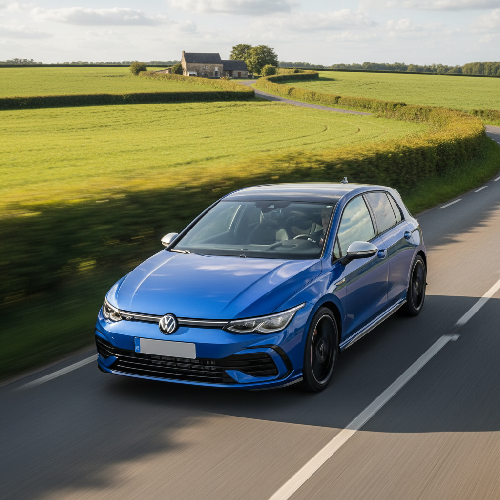 A dynamic, photographic realism shot of a Volkswagen Golf 8R Edition 20 Years in Lapiz Blue driving along a winding country road in rural Normandy, captured with a subtle motion blur on the surroundings and wheels while the car itself remains sharply in focus. Lush green fields and neatly lined hedgerows flank the road, with a distant stone farmhouse barely visible in the softened background. Late afternoon light filters through scattered clouds, creating alternating patches of sun and shade on the asphalt. Reflections of the sky glide across the car’s sculpted hood and side panels. The mood is energetic yet controlled, evoking a premium test-drive experience. Shot from a low tracking angle, three-quarters front, for a cinematic, performance-oriented composition.