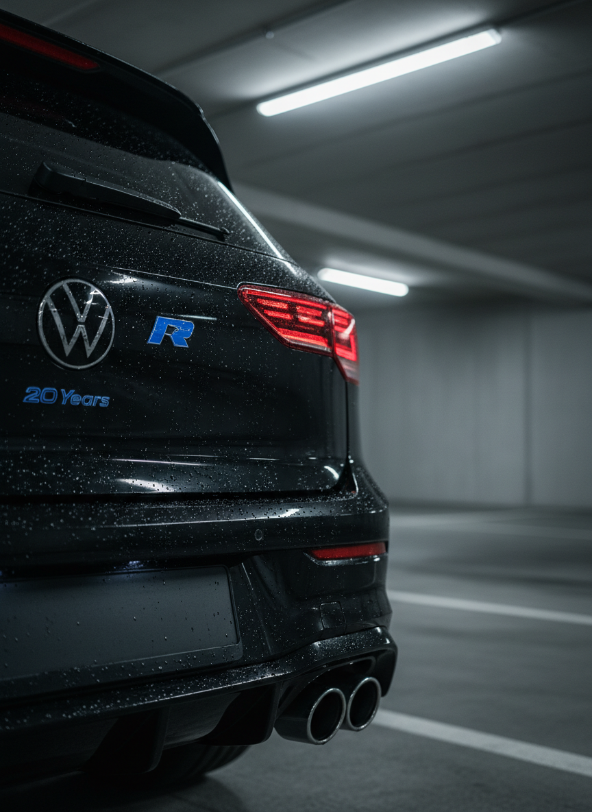 A close-up, photographic realism shot of the rear badge and exhaust of a Volkswagen Golf 8R Edition 20 Years, focusing on the glossy blue R emblem and the subtle “20 Years” marking on the hatch. The metallic black paint is freshly detailed, beaded with tiny droplets from a recent coastal mist. Quad chrome exhaust tips and a sculpted rear diffuser occupy the lower frame. The car sits in the underground parking of an upscale Norman residence, with smooth concrete walls, low ceiling and linear LED lights creating sleek reflections along the bumper. Cool, directional light from behind the camera creates a dramatic, premium mood with soft shadows and precise highlights. Composition is tight and asymmetrical, with background fading into dark, refined blur.