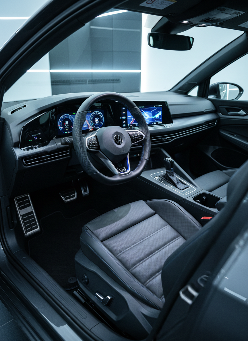 The cockpit of a Volkswagen Golf 8R Edition 20 Years seen from the open driver’s door, showcasing a luxurious, meticulously detailed interior. Blue-stitched leather sports seats with integrated headrests, a thick flat-bottom steering wheel with an R logo and perforated leather, and a wide, high-resolution digital dashboard glow softly. The car is parked inside a minimal, high-end showroom in Normandy with dark slate flooring and subtle LED strip lighting along the walls. Cool, controlled artificial light highlights the brushed aluminum trim and piano-black surfaces, casting gentle reflections on the center console. The mood is premium and tech-focused. Photographic realism, shot at eye level with a slightly angled composition that leads the eye from the steering wheel to the central screen, background softly out of focus.