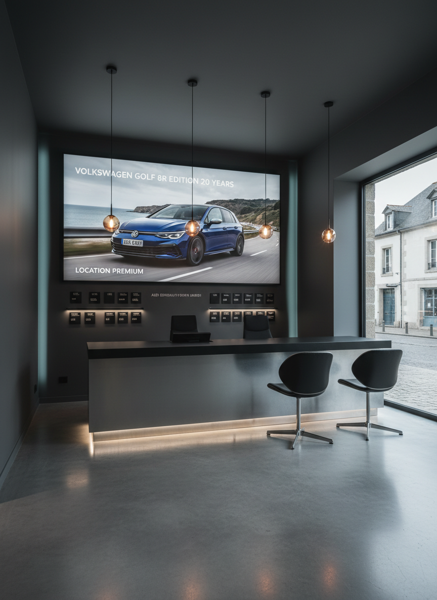 A wide, cinematic view of a sleek, modern rental counter interior in Normandy designed for a premium sports car agency, with a large backlit image of a Volkswagen Golf 8R Edition 20 Years mounted on the wall behind a minimalist desk. The environment features charcoal-grey walls, a long matte-black reception counter with a brushed metal front, and a polished concrete floor reflecting subtle light. Discreet shelves contain neatly arranged key boxes labeled with car models. Soft, warm pendant lighting above the counter contrasts with cooler indirect LED wall lighting, creating a balanced, sophisticated atmosphere. Photographic realism, shot from a slightly elevated angle with sharp focus throughout, giving a sense of space and order while keeping the large Golf 8R image as the visual anchor.