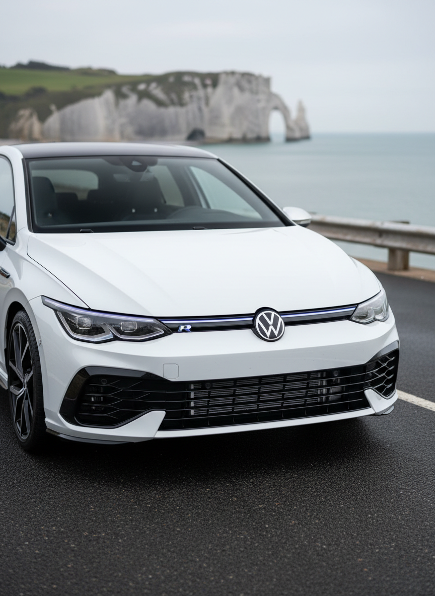 A Volkswagen Golf 8R Edition 20 Years in pure white pearl, captured from a low, front three-quarter angle on a quiet coastal road in Normandy. Behind it, distant chalk cliffs and a calm, muted blue sea fade into a soft bokeh, suggesting Étretat without explicit landmarks. The asphalt is clean and slightly damp, reflecting subtle glints from the car’s matrix LED headlights and gloss-black grille. Overcast daylight creates even, diffused lighting, emphasizing body contours without harsh contrast. The mood is refined and composed, blending performance with coastal elegance. Photographic realism with a rule-of-thirds composition, long lens compression for a premium automotive advertising feel, and crisp detail on the car while the natural surroundings remain gently blurred.